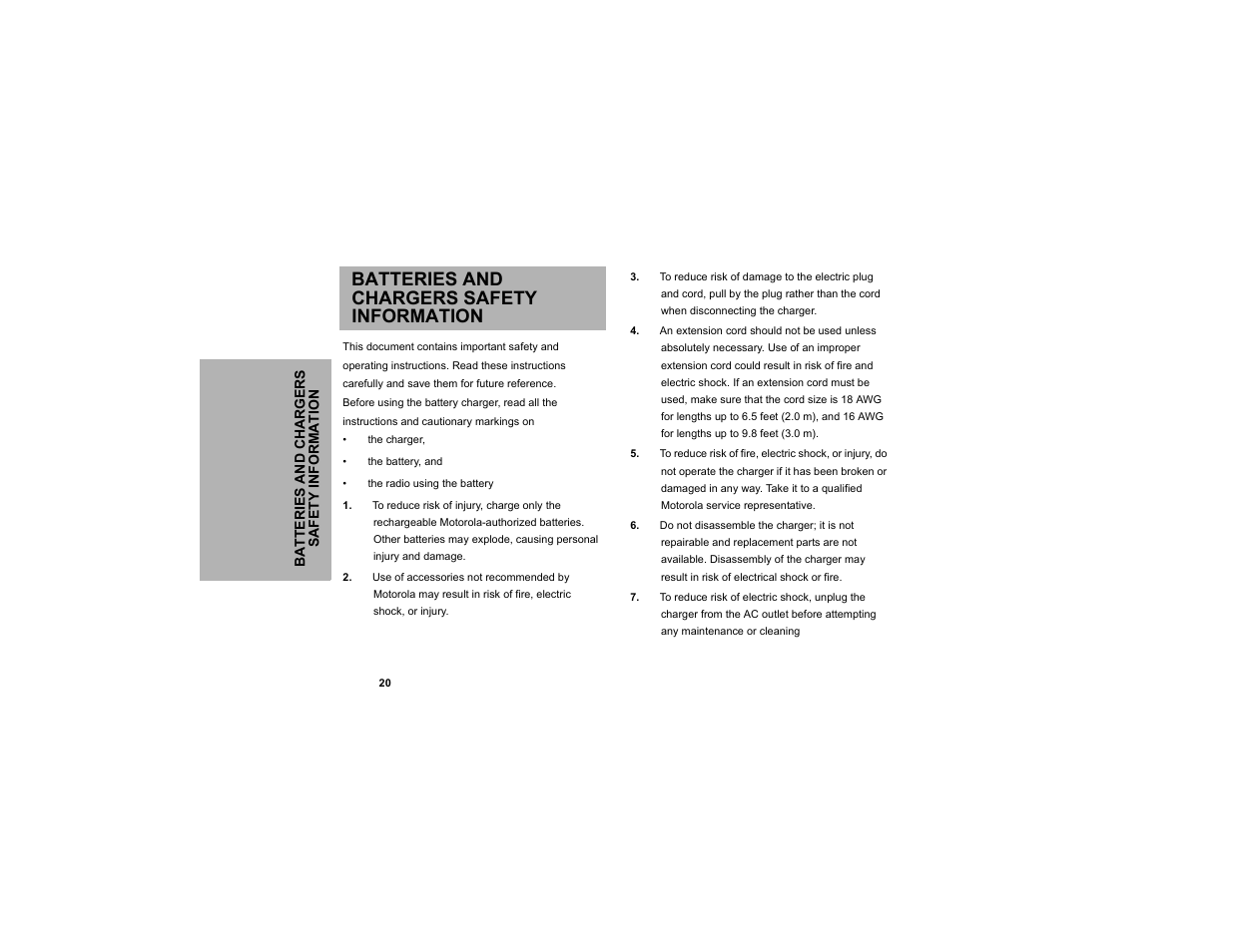 Batteries and chargers safety information | Motorola CLP1040 User Manual | Page 28 / 56