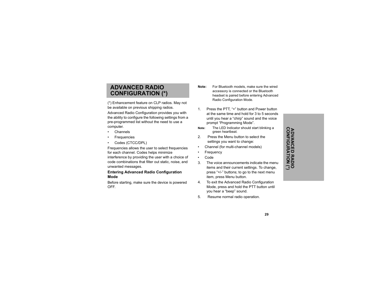 Advanced radio configuration (*), Entering advanced radio configuration mode | Motorola CLP1040 User Manual | Page 37 / 56