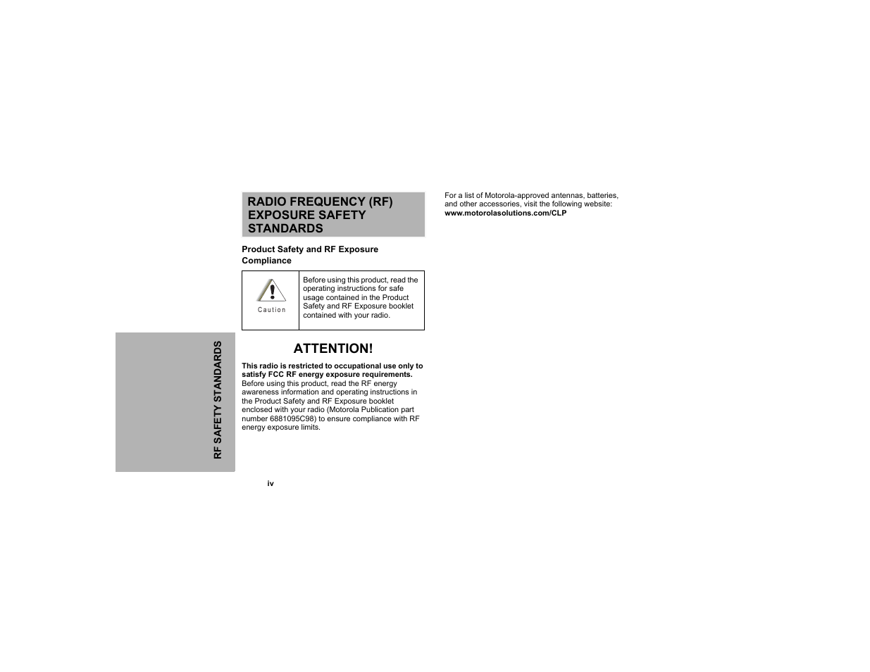 Radio frequency (rf) exposure safety standards, Attention | Motorola CLP1040 User Manual | Page 6 / 56