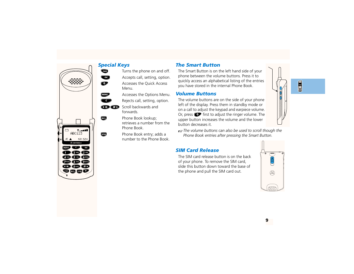 Special keys, The smart button, Volume buttons | Sim card release, About your phone, battery, and sim card | Motorola PCS telephone User Manual | Page 11 / 82