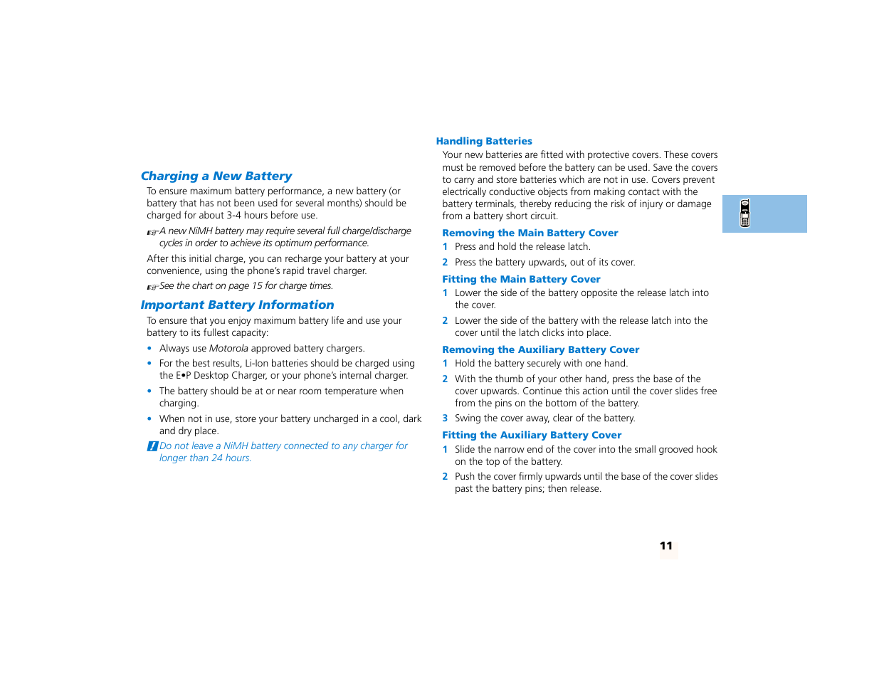 Your battery, Charging a new battery, Important battery information | Handling batteries, Removing the main battery cover, Fitting the main battery cover, Removing the auxiliary battery cover, Fitting the auxiliary battery cover | Motorola PCS telephone User Manual | Page 13 / 82