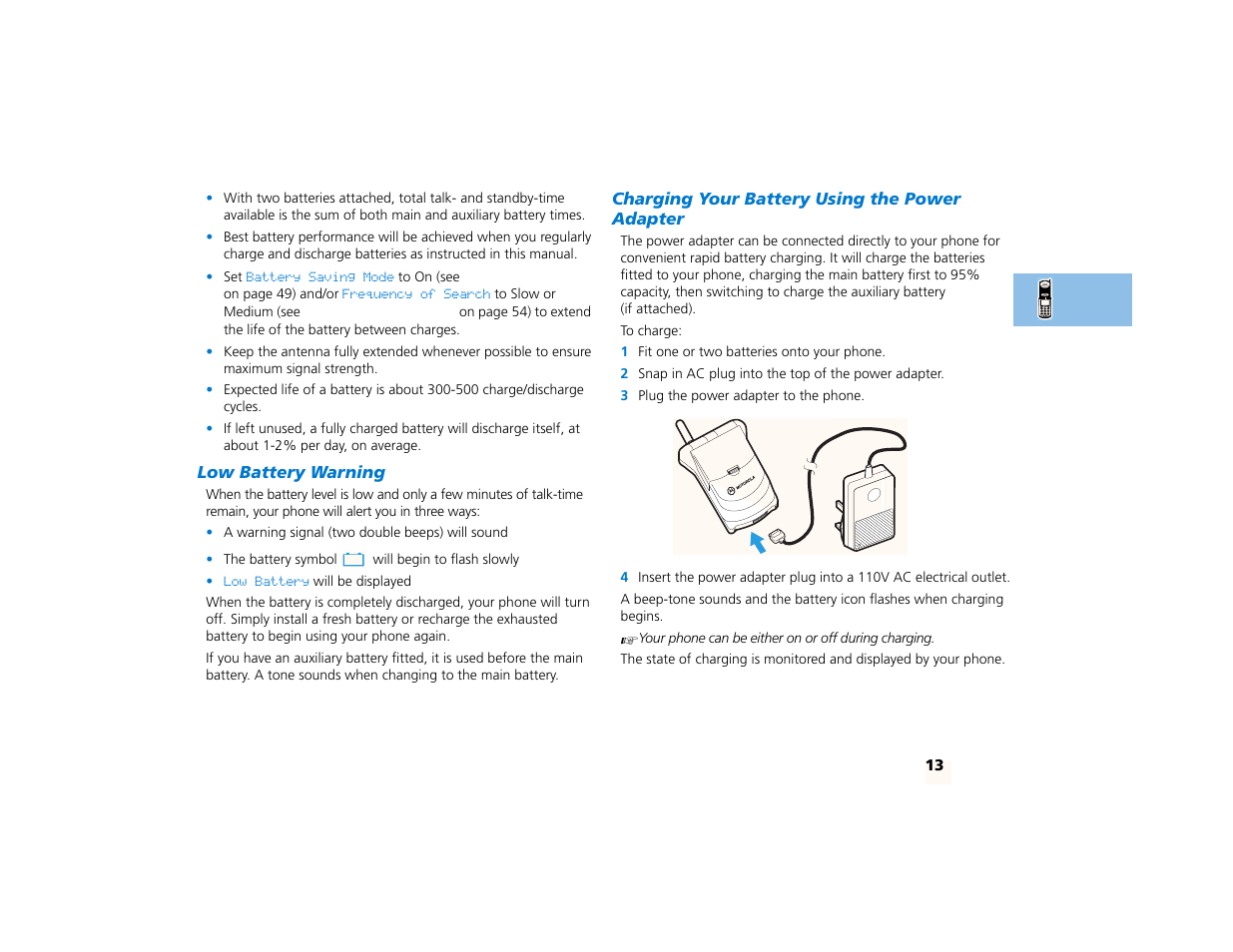 Low battery warning, Charging your battery using the power adapter | Motorola PCS telephone User Manual | Page 15 / 82