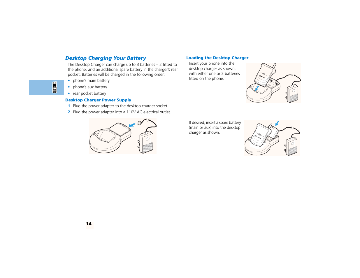 Desktop charging your battery, Desktop charger power supply, Loading the desktop charger | Motorola PCS telephone User Manual | Page 16 / 82