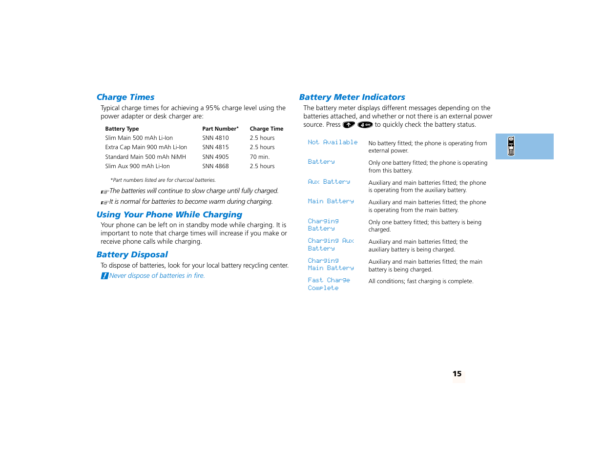 Charge times, Using your phone while charging, Battery disposal | Battery meter indicators | Motorola PCS telephone User Manual | Page 17 / 82