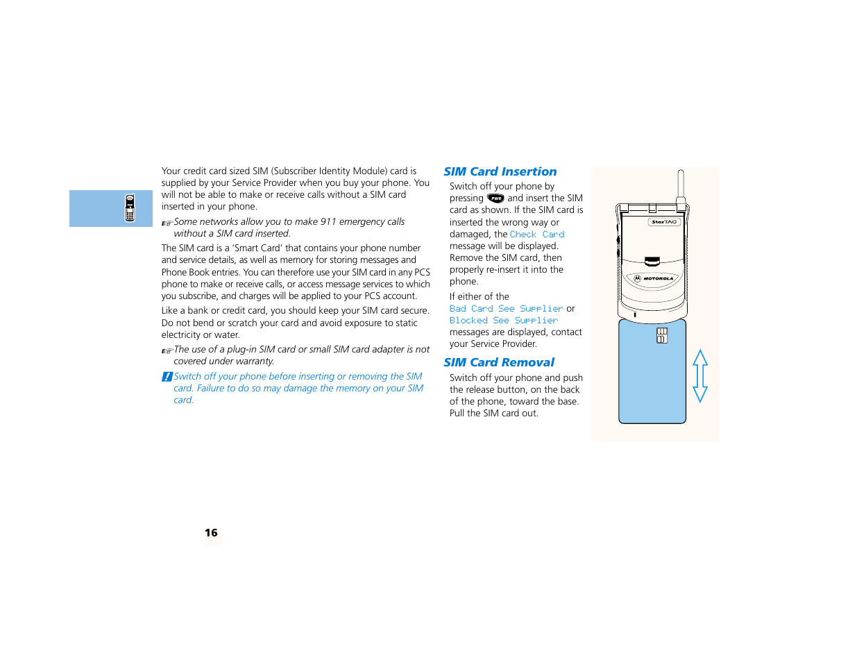 Your sim card, Sim card insertion, Sim card removal | Motorola PCS telephone User Manual | Page 18 / 82