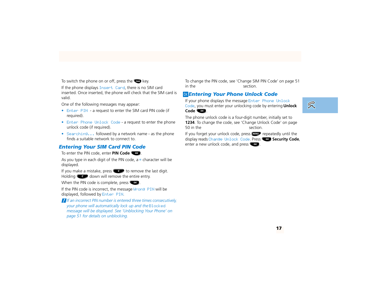 Switching the phone on and off, Entering your sim card pin code, Jentering your phone unlock code | Making and receiving phone calls | Motorola PCS telephone User Manual | Page 19 / 82