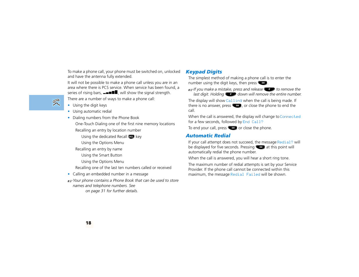 Making a phone call, Keypad digits, Automatic redial | Motorola PCS telephone User Manual | Page 20 / 82