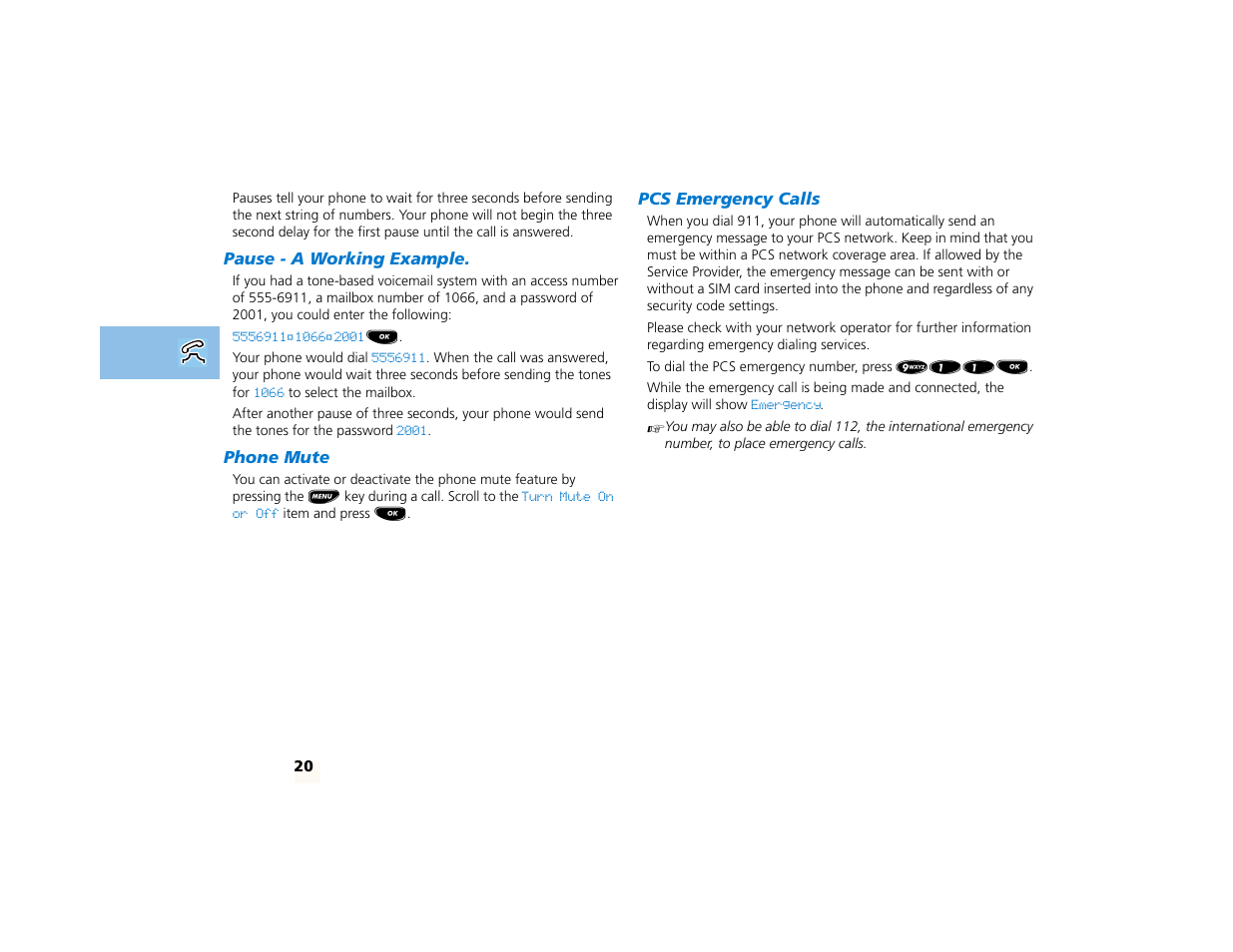 Pause - a working example, Phone mute, Pcs emergency calls | Motorola PCS telephone User Manual | Page 22 / 82