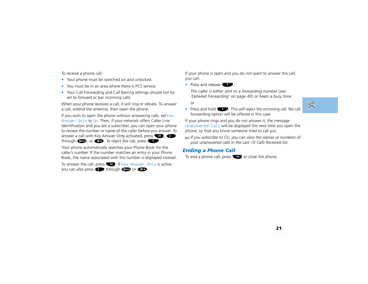 Receiving a phone call, Ending a phone call | Motorola PCS telephone User Manual | Page 23 / 82