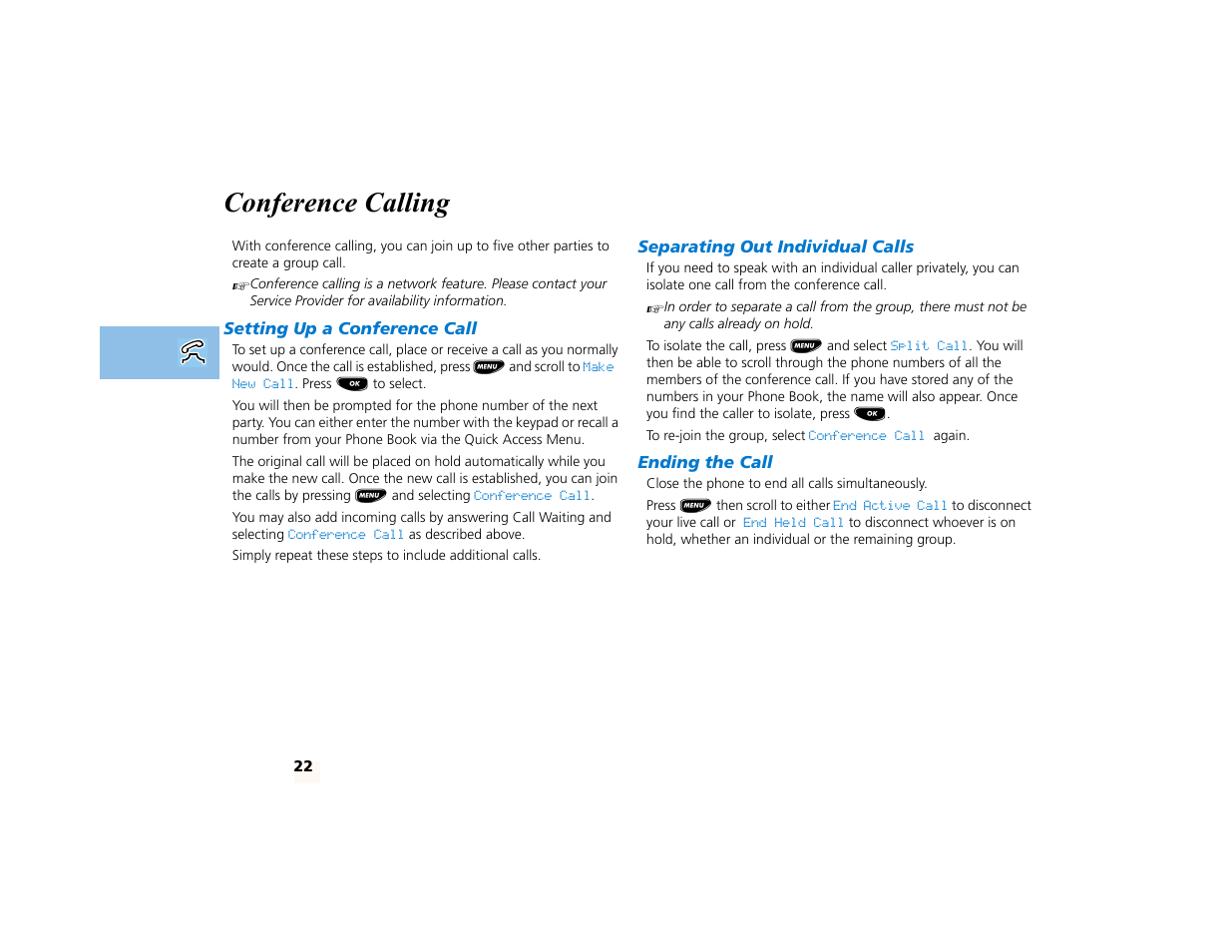 Conference calling, Setting up a conference call, Separating out individual calls | Ending the call | Motorola PCS telephone User Manual | Page 24 / 82