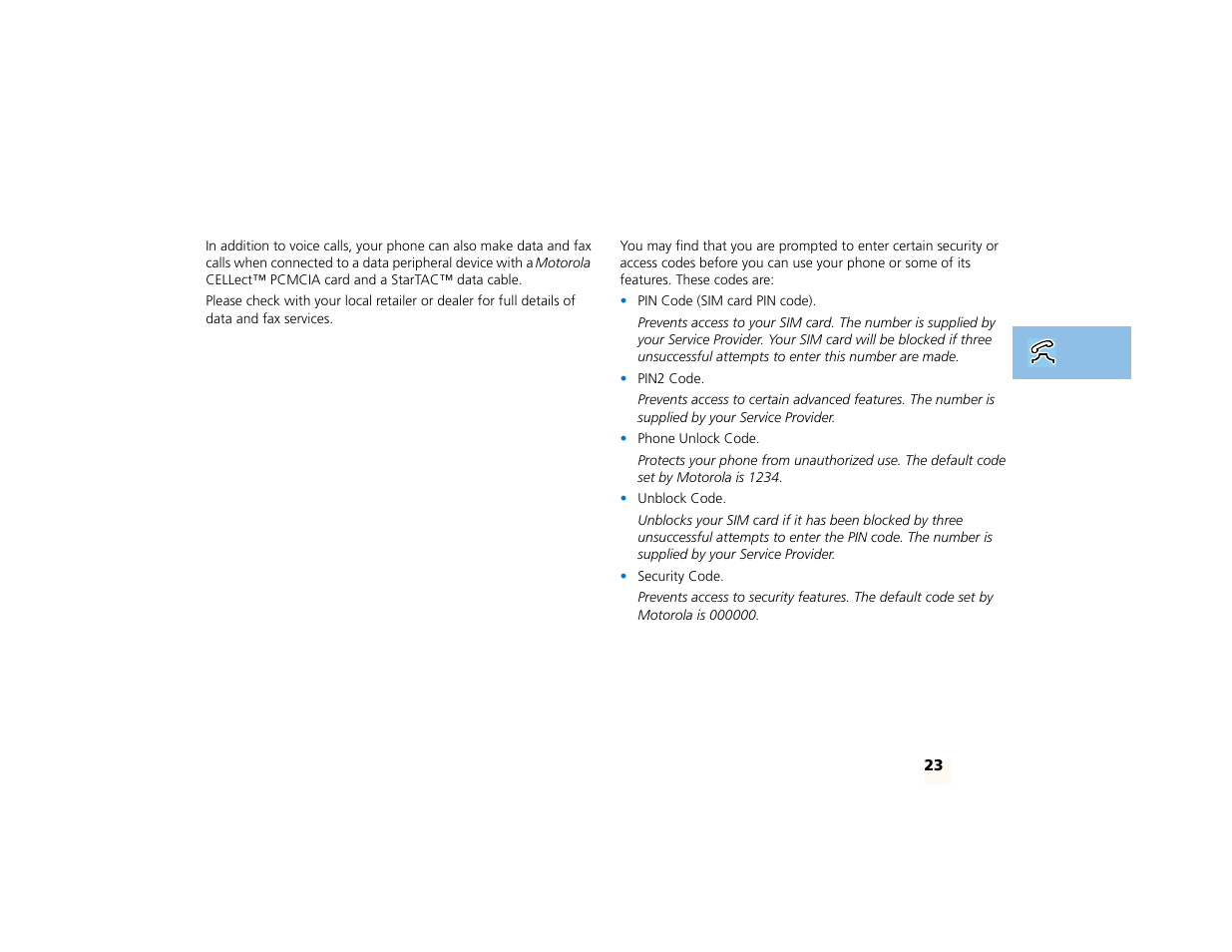 Data and fax calls security features | Motorola PCS telephone User Manual | Page 25 / 82