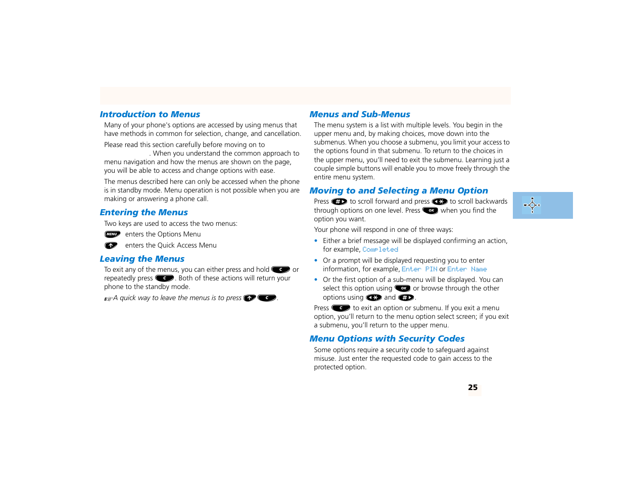 Introduction to menus, Entering the menus, Leaving the menus | Menus and sub-menus, Moving to and selecting a menu option, Menu options with security codes, Menu navigation | Motorola PCS telephone User Manual | Page 27 / 82