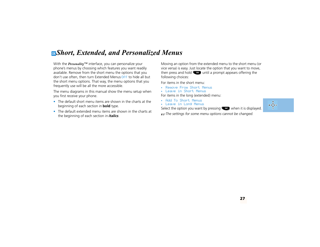 Jshort, extended, and personalized menus, Short, extended, and personalized menus | Motorola PCS telephone User Manual | Page 29 / 82