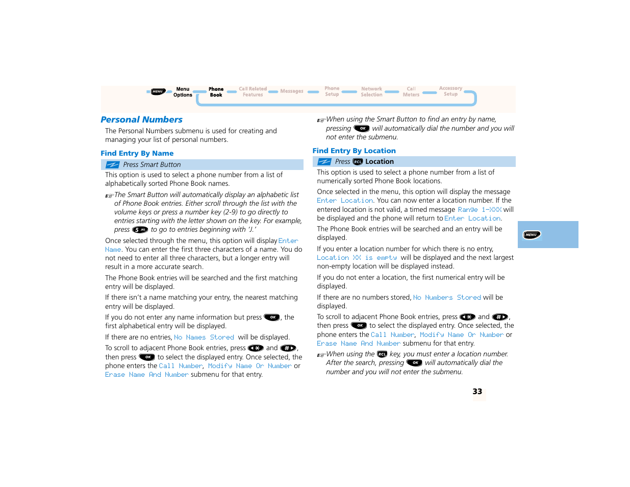 Personal numbers, Find entry by name, Find entry by location | Motorola PCS telephone User Manual | Page 35 / 82