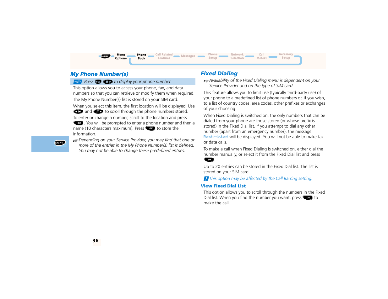 My phone number(s), Fixed dialing, View fixed dial list | Motorola PCS telephone User Manual | Page 38 / 82