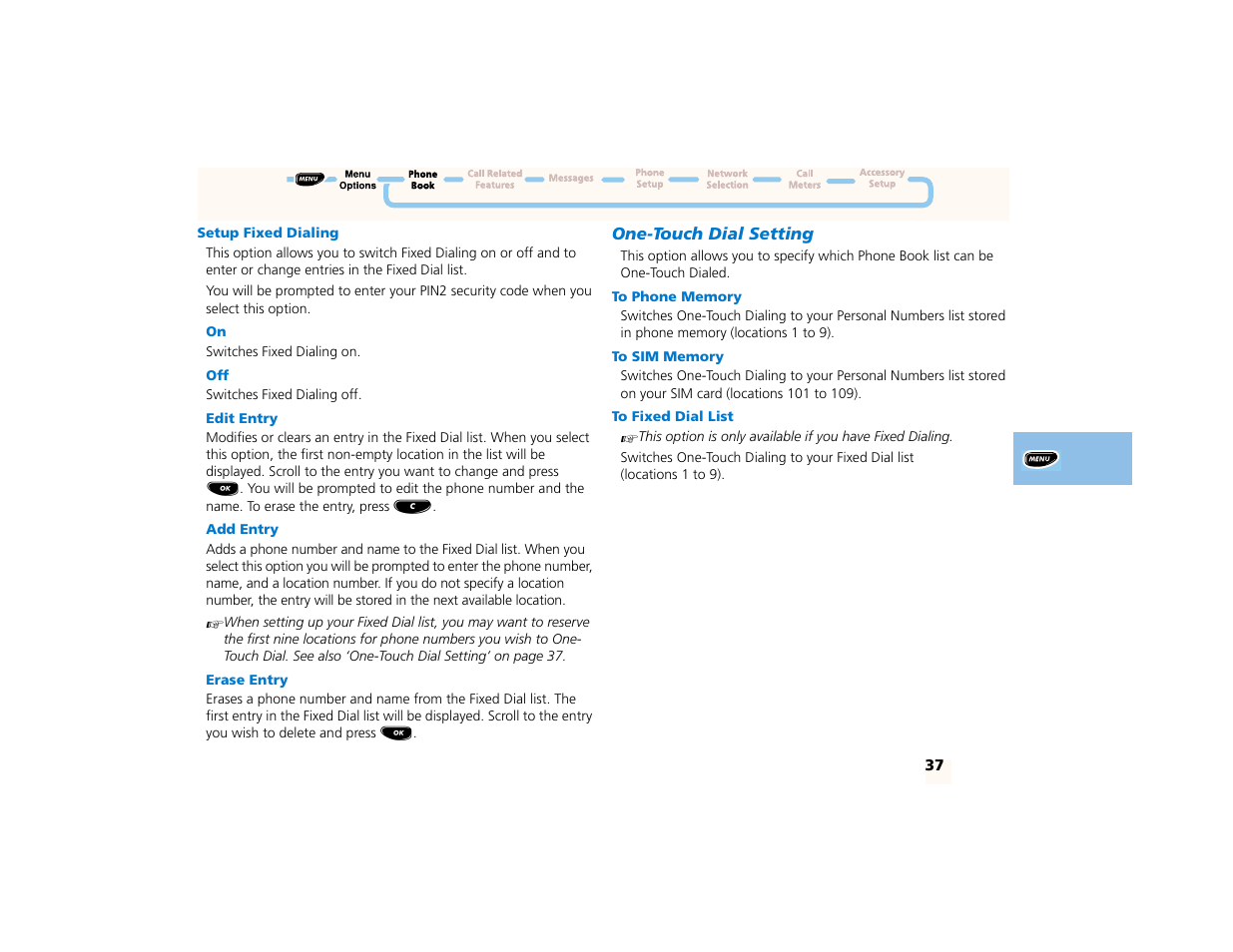 Setup fixed dialing, Edit entry, Add entry | Erase entry, One-touch dial setting, To phone memory, To sim memory, To fixed dial list | Motorola PCS telephone User Manual | Page 39 / 82