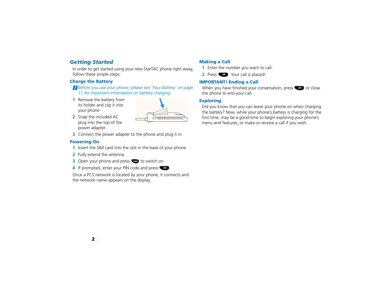 Getting started, Charge the battery, Powering on | Making a call, Important! ending a call, Exploring | Motorola PCS telephone User Manual | Page 4 / 82