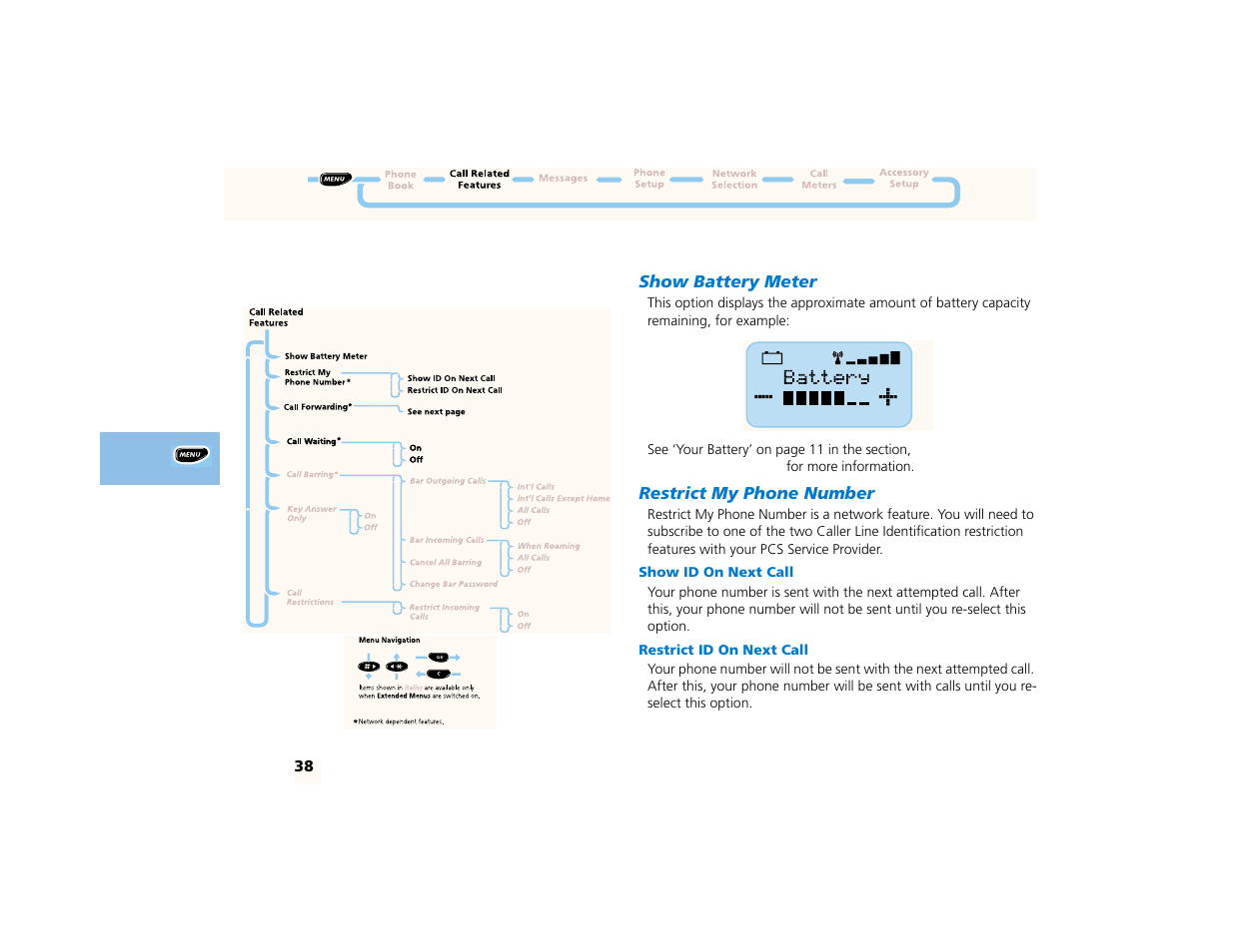Call related features menu, Show battery meter, Restrict my phone number | Show id on next call, Restrict id on next call | Motorola PCS telephone User Manual | Page 40 / 82