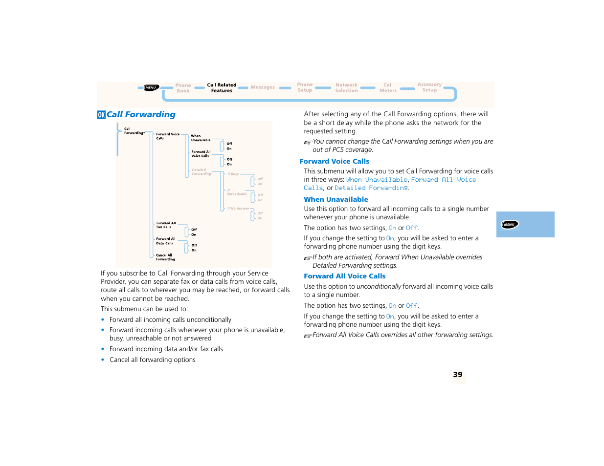 Jcall forwarding, Forward voice calls, When unavailable | J call forwarding | Motorola PCS telephone User Manual | Page 41 / 82