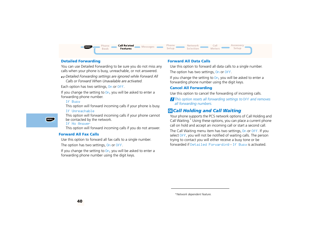 Detailed forwarding, Forward all fax calls, Forward all data calls | Jcall holding and call waiting, J call holding and call waiting | Motorola PCS telephone User Manual | Page 42 / 82