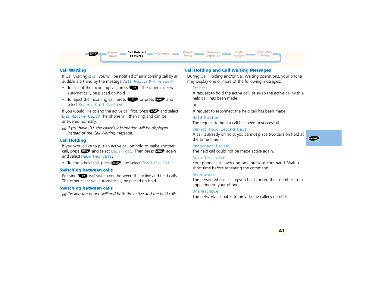 Call waiting, Call holding, Switching between calls | Call holding and call waiting messages | Motorola PCS telephone User Manual | Page 43 / 82