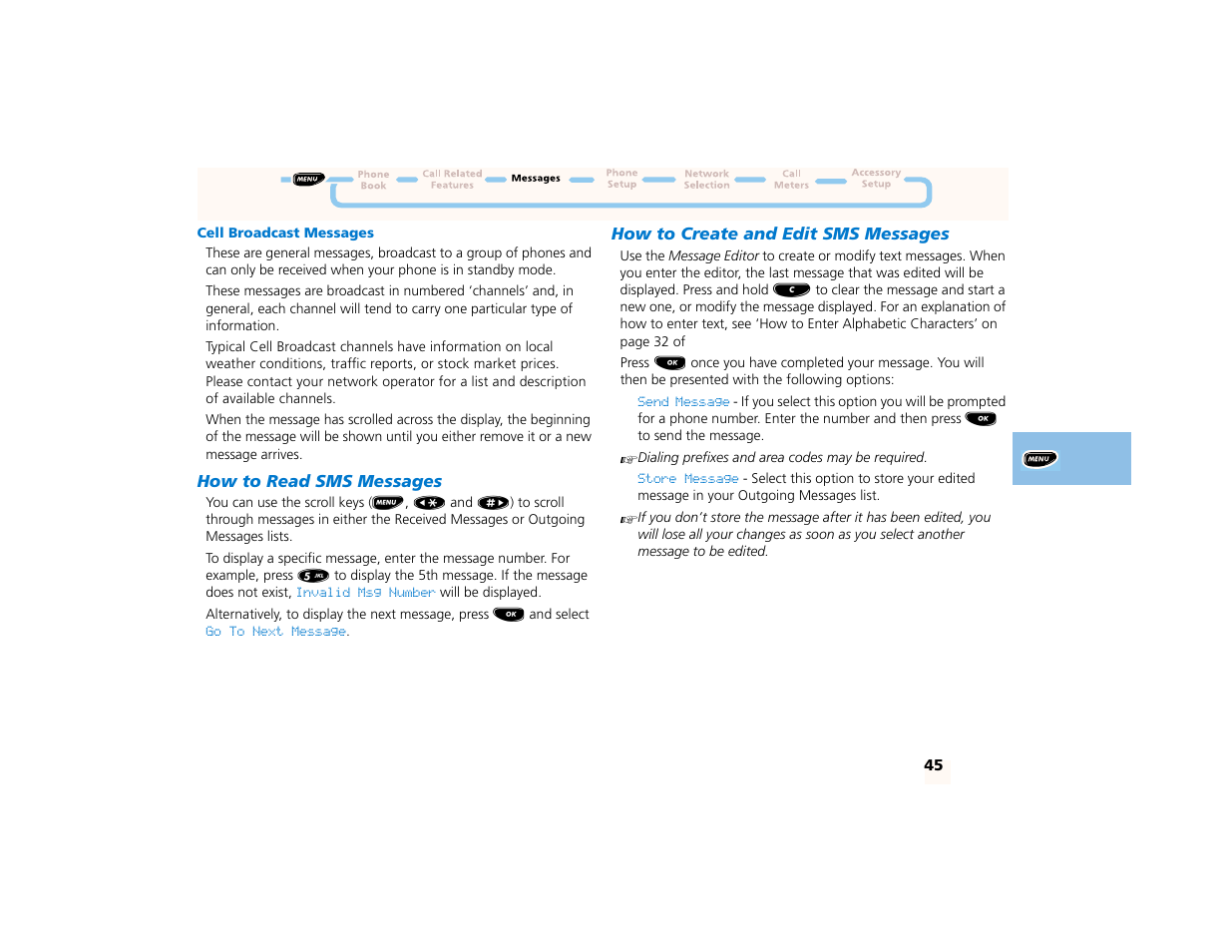 Cell broadcast messages, How to read sms messages, How to create and edit sms messages | Motorola PCS telephone User Manual | Page 47 / 82