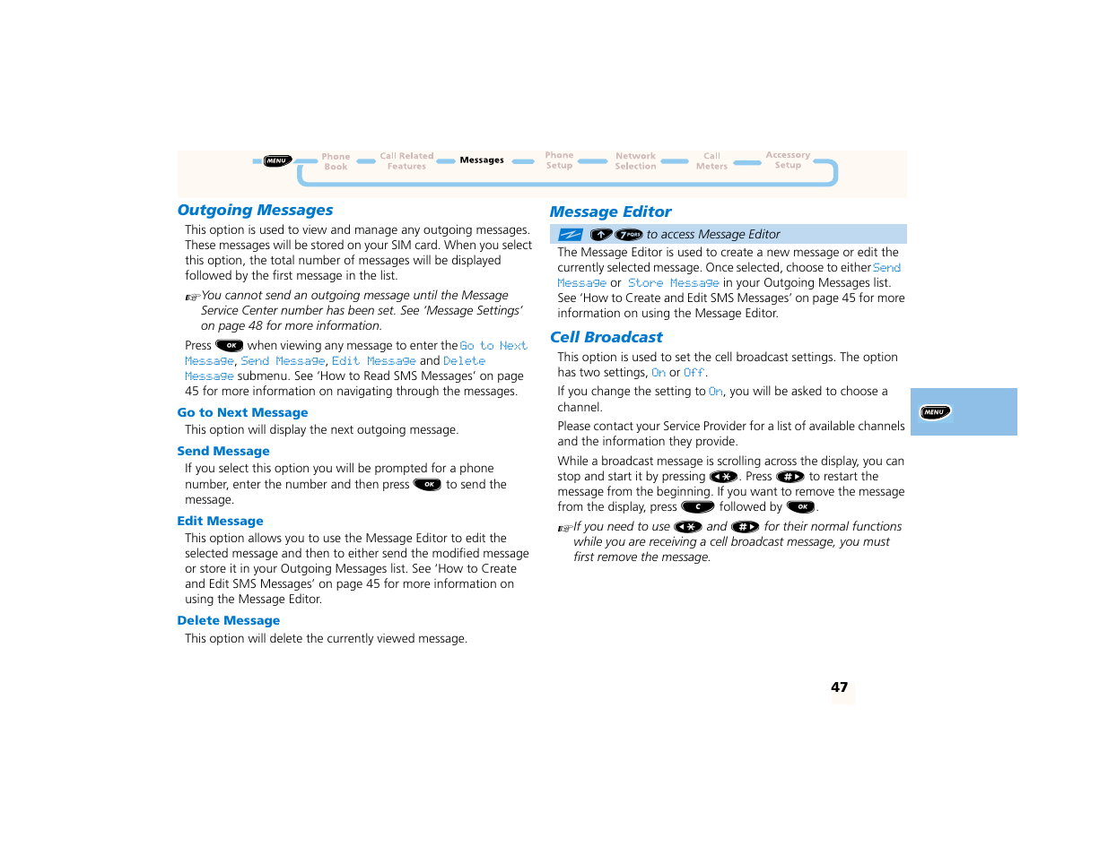 Outgoing messages, Go to next message, Send message | Edit message, Delete message, Message editor, Cell broadcast | Motorola PCS telephone User Manual | Page 49 / 82