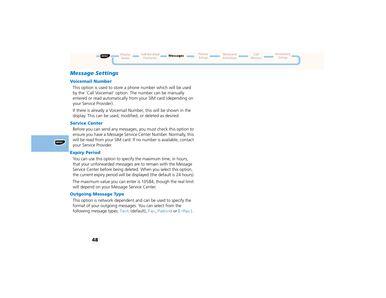 Message settings, Voicemail number, Service center | Expiry period, Outgoing message type | Motorola PCS telephone User Manual | Page 50 / 82