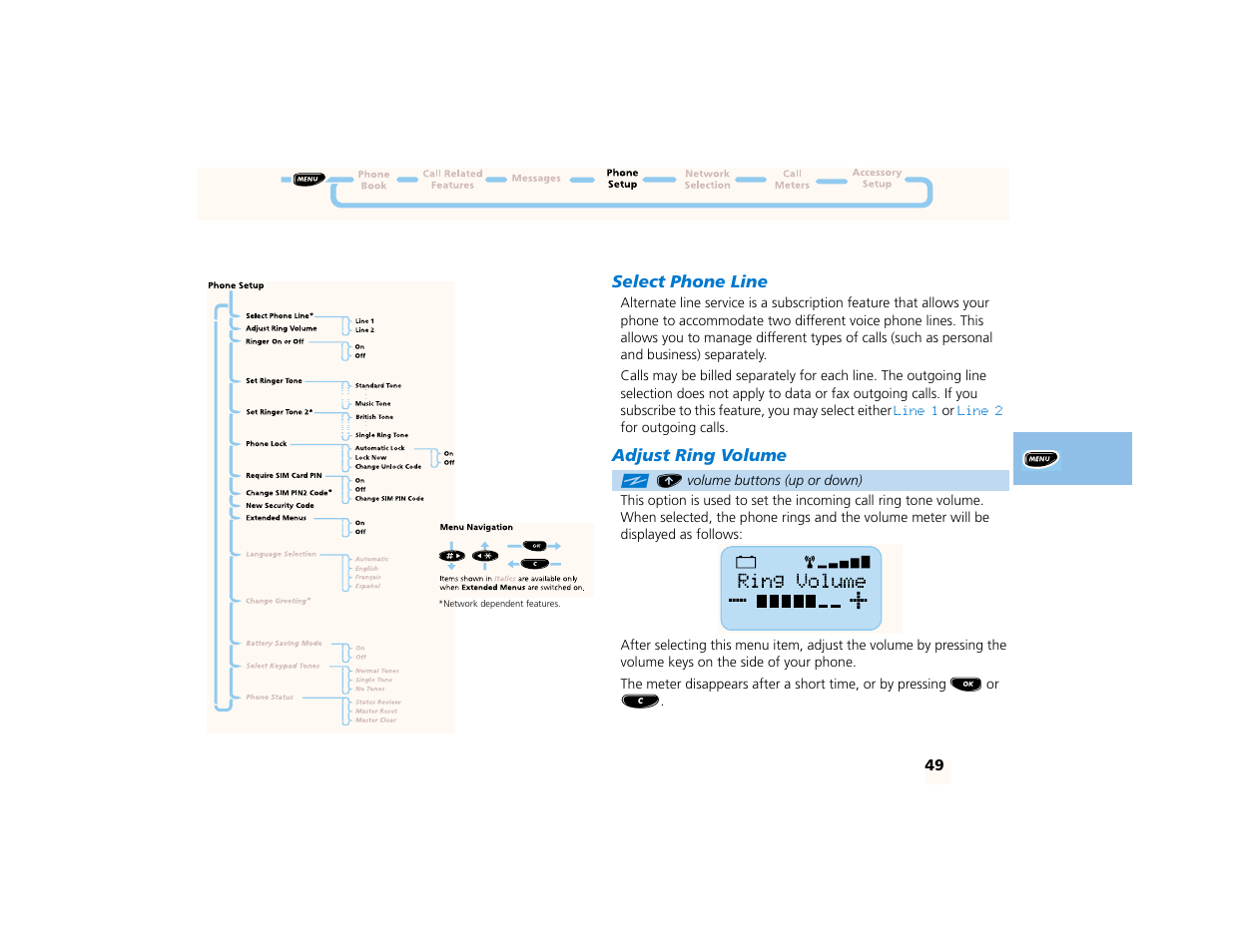 Phone setup menu, Select phone line, Adjust ring volume | Motorola PCS telephone User Manual | Page 51 / 82