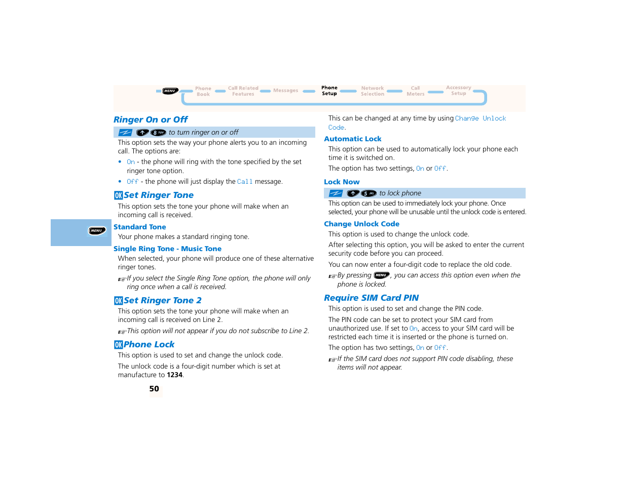 Ringer on or off, Jset ringer tone, Standard tone | Single ring tone - music tone, Jset ringer tone 2, Jphone lock, Automatic lock, Lock now, Change unlock code, Require sim card pin | Motorola PCS telephone User Manual | Page 52 / 82