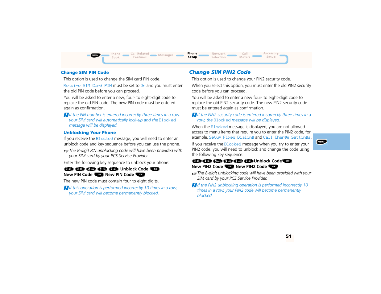 Change sim pin code, Unblocking your phone, Change sim pin2 code | Motorola PCS telephone User Manual | Page 53 / 82