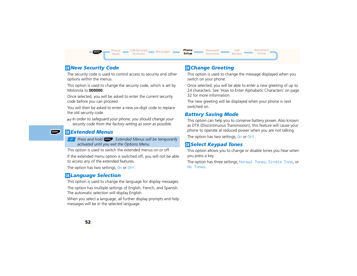 Jnew security code, Jextended menus, Jlanguage selection | Jchange greeting, Battery saving mode, Jselect keypad tones | Motorola PCS telephone User Manual | Page 54 / 82