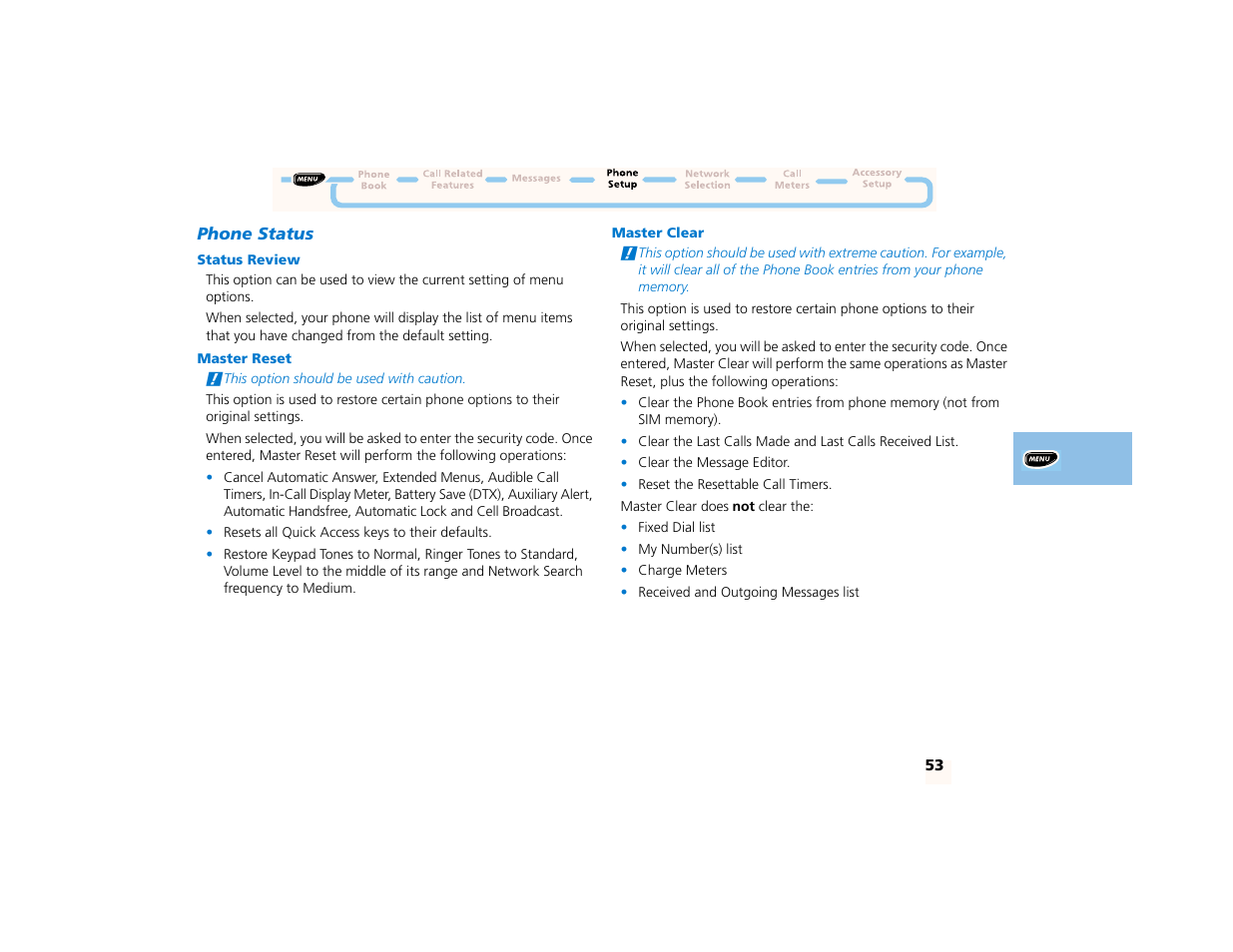 Phone status, Status review, Master reset | Master clear | Motorola PCS telephone User Manual | Page 55 / 82