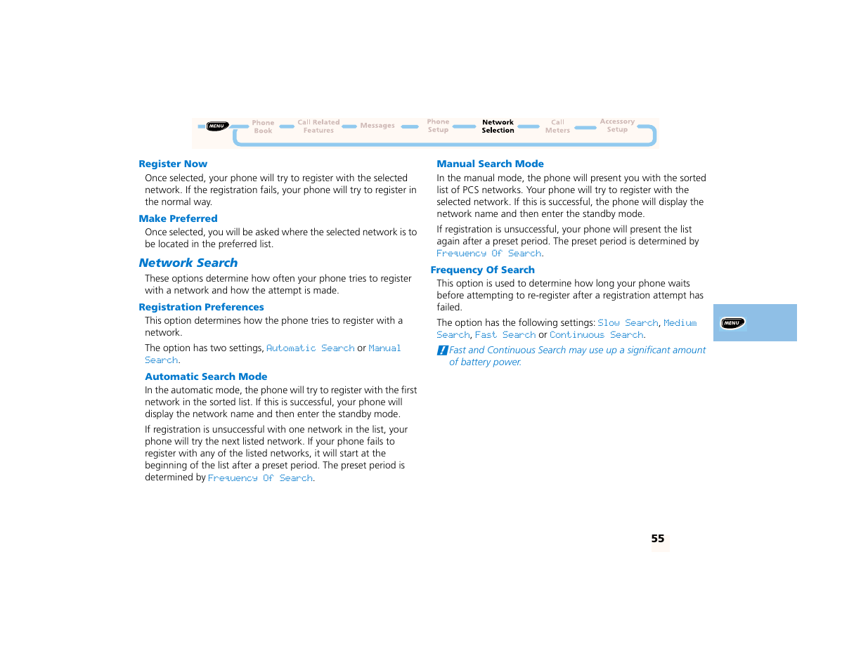 Register now, Make preferred, Network search | Registration preferences, Automatic search mode, Manual search mode, Frequency of search | Motorola PCS telephone User Manual | Page 57 / 82