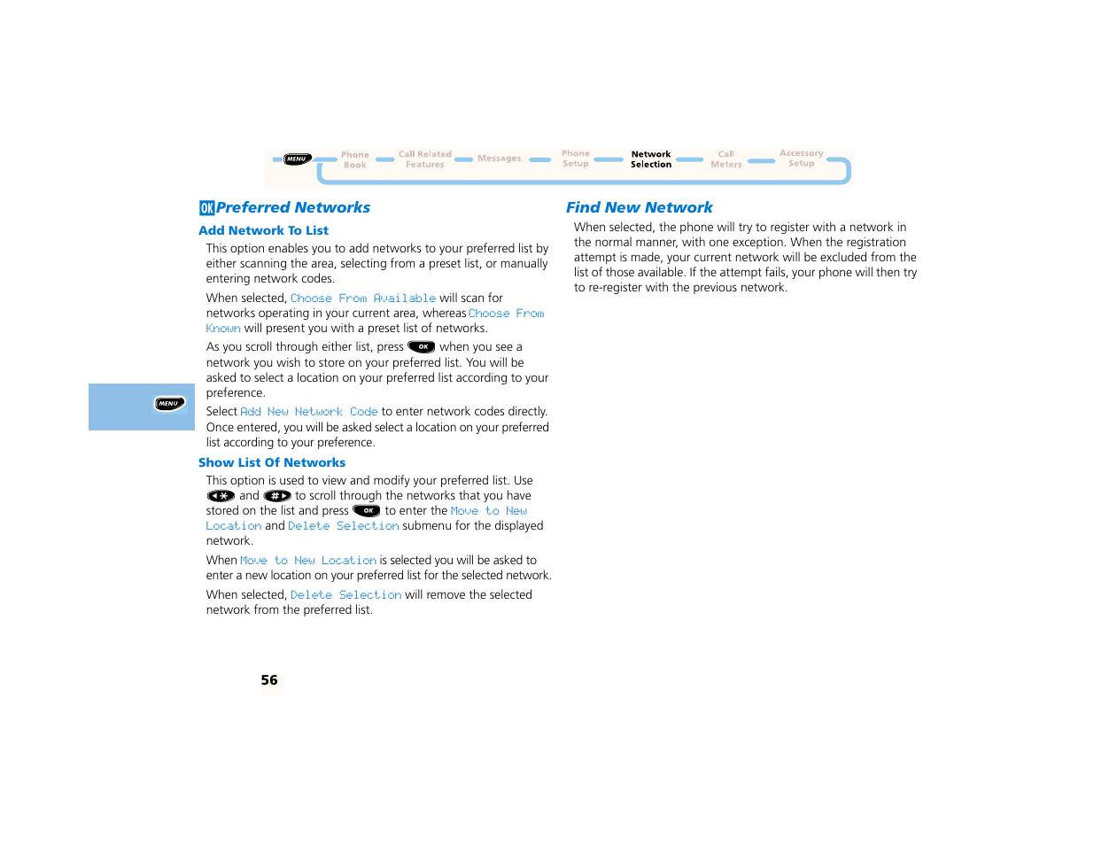 Jpreferred networks, Add network to list, Show list of networks | Find new network, J preferred networks | Motorola PCS telephone User Manual | Page 58 / 82