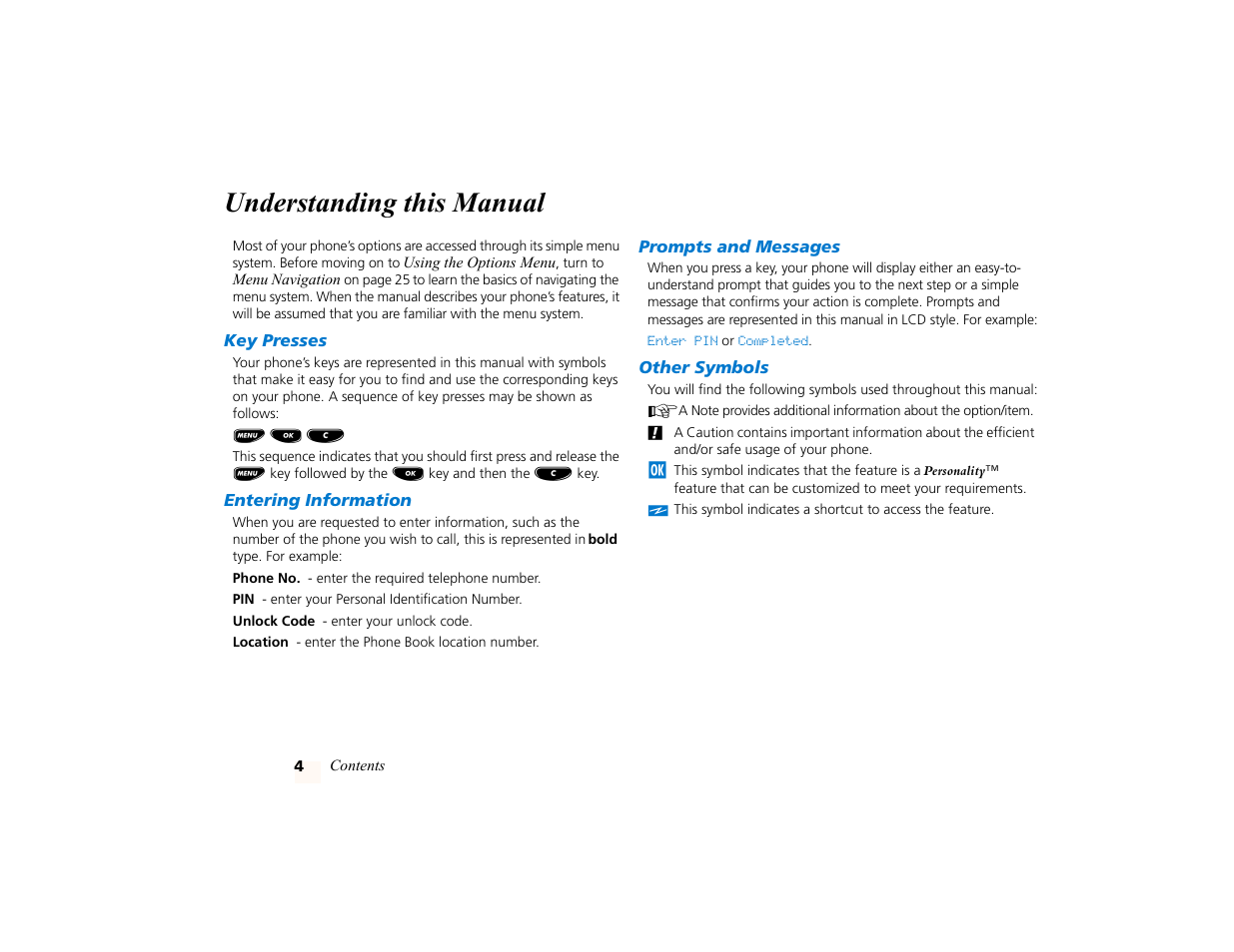Understanding this manual, Key presses, Entering information | Prompts and messages, Other symbols | Motorola PCS telephone User Manual | Page 6 / 82