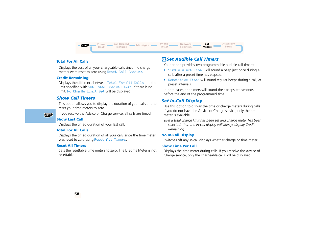 Total for all calls, Credit remaining, Show call timers | Show last call, Reset all timers, Jset audible call timers, Set in-call display, No in-call display, Show time per call | Motorola PCS telephone User Manual | Page 60 / 82