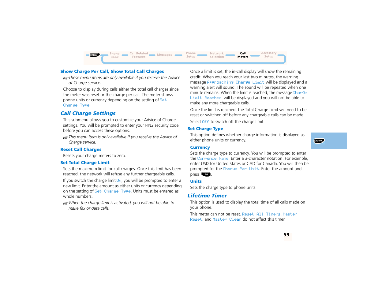 Show charge per call, show total call charges, Call charge settings, Reset call charges | Set total charge limit, Set charge type, Currency, Units, Lifetime timer | Motorola PCS telephone User Manual | Page 61 / 82