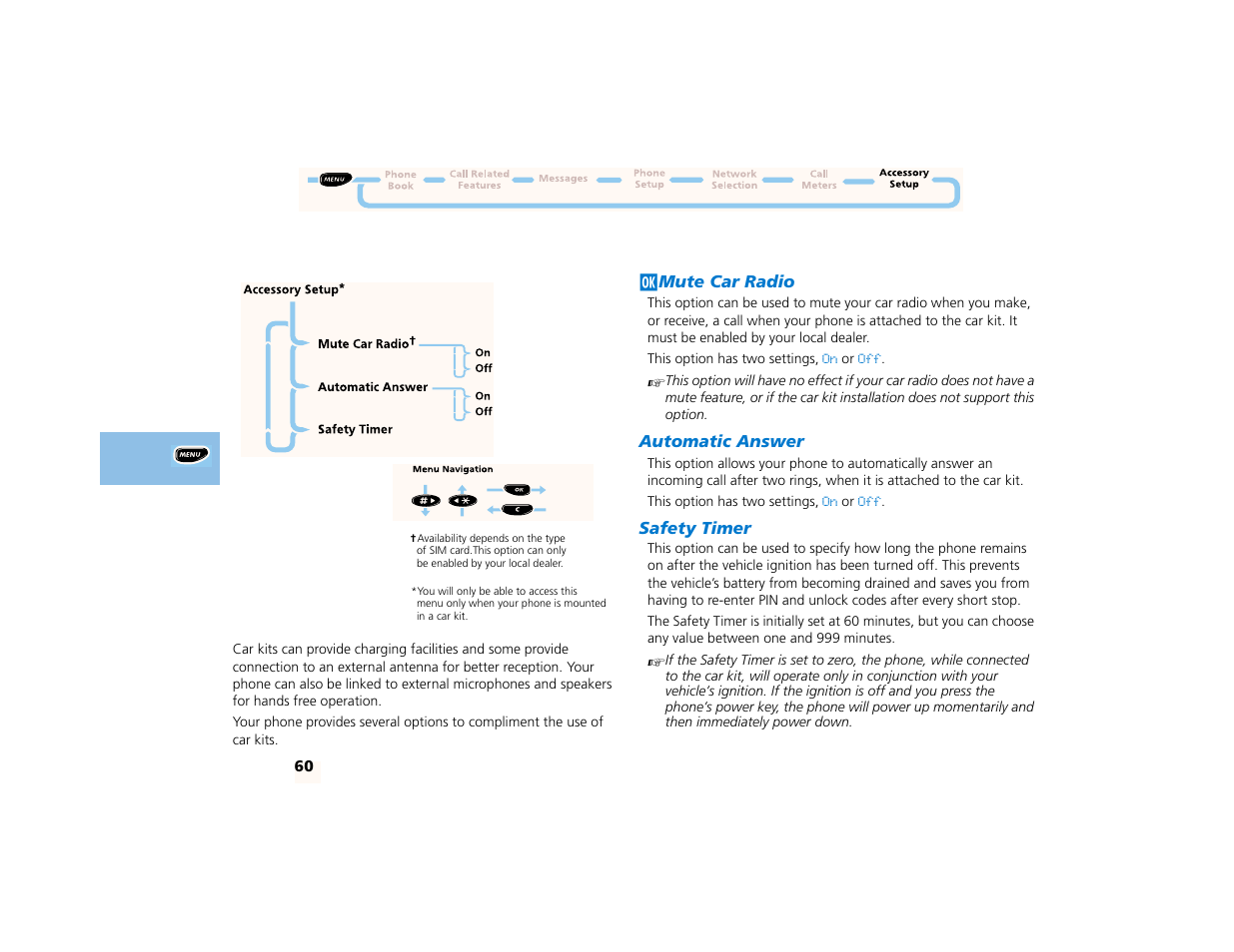 Accessory setup menu, Jmute car radio, Automatic answer | Safety timer | Motorola PCS telephone User Manual | Page 62 / 82