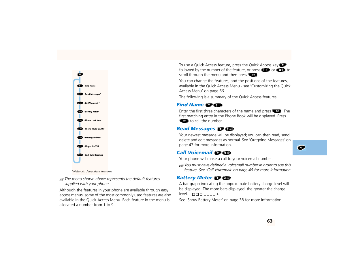 Find name e1, Read messages e2, Call voicemail e3 | Battery meter e4, Using the quick access menu | Motorola PCS telephone User Manual | Page 65 / 82