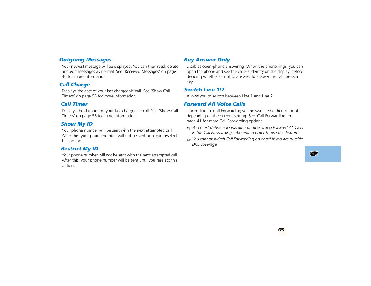 Outgoing messages, Call charge, Call timer | Show my id, Restrict my id, Key answer only, Switch line 1/2, Forward all voice calls | Motorola PCS telephone User Manual | Page 67 / 82