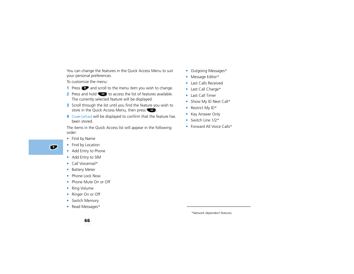 Customizing the quick access menu | Motorola PCS telephone User Manual | Page 68 / 82