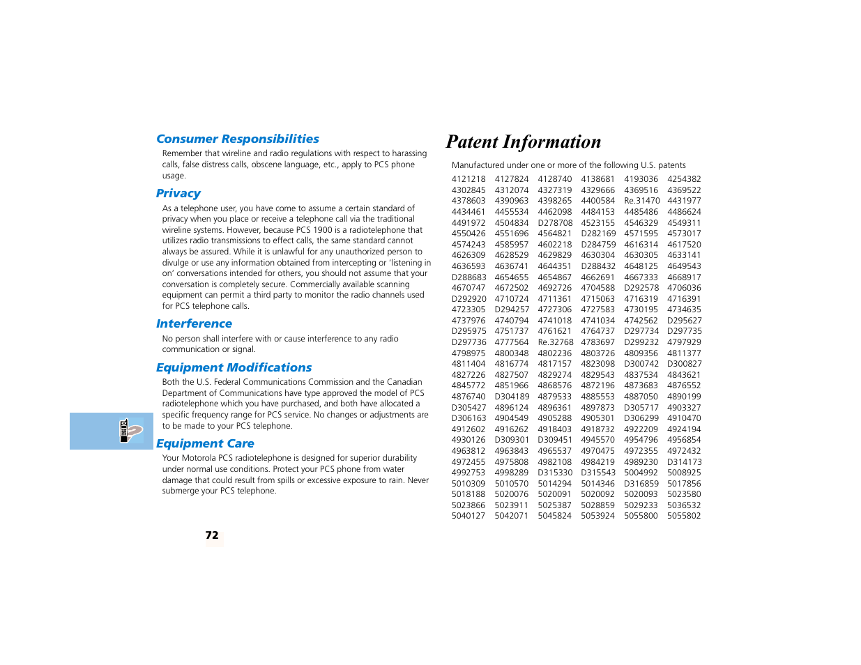 Consumer responsibilities, Privacy, Interference | Equipment modifications, Equipment care, Patent information | Motorola PCS telephone User Manual | Page 74 / 82