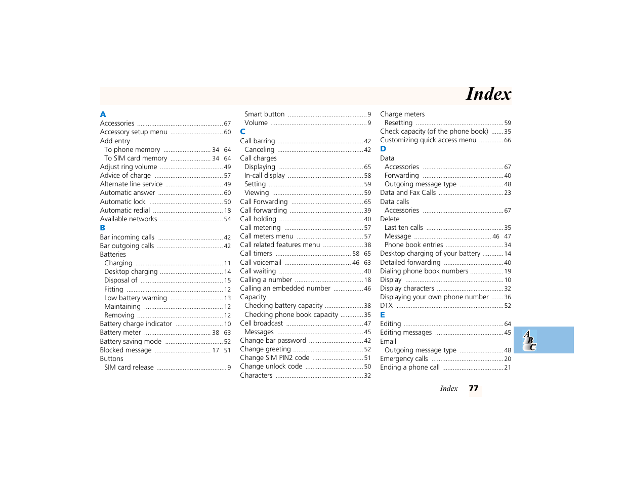 Index | Motorola PCS telephone User Manual | Page 79 / 82