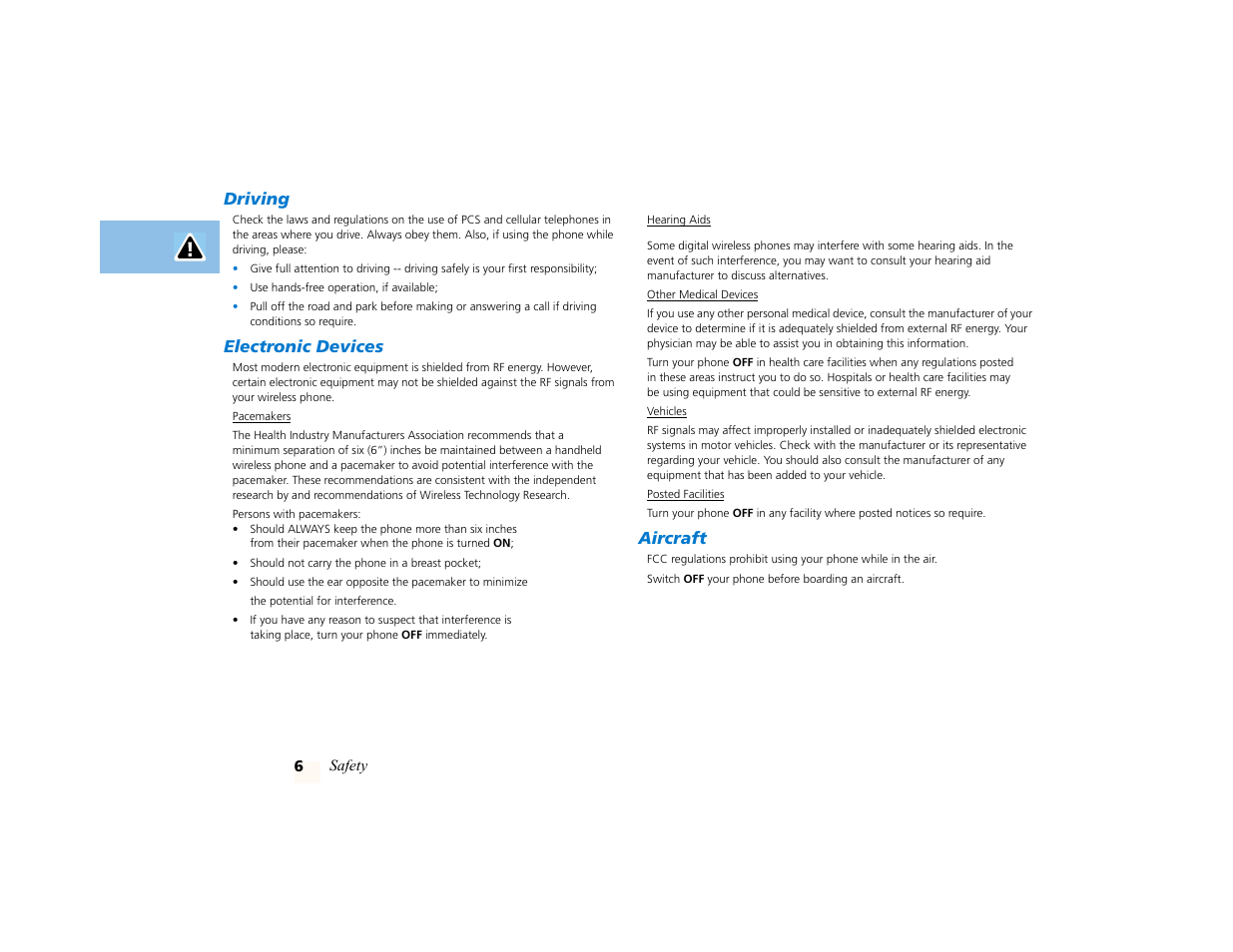 Driving, Electronic devices, Aircraft | Motorola PCS telephone User Manual | Page 8 / 82