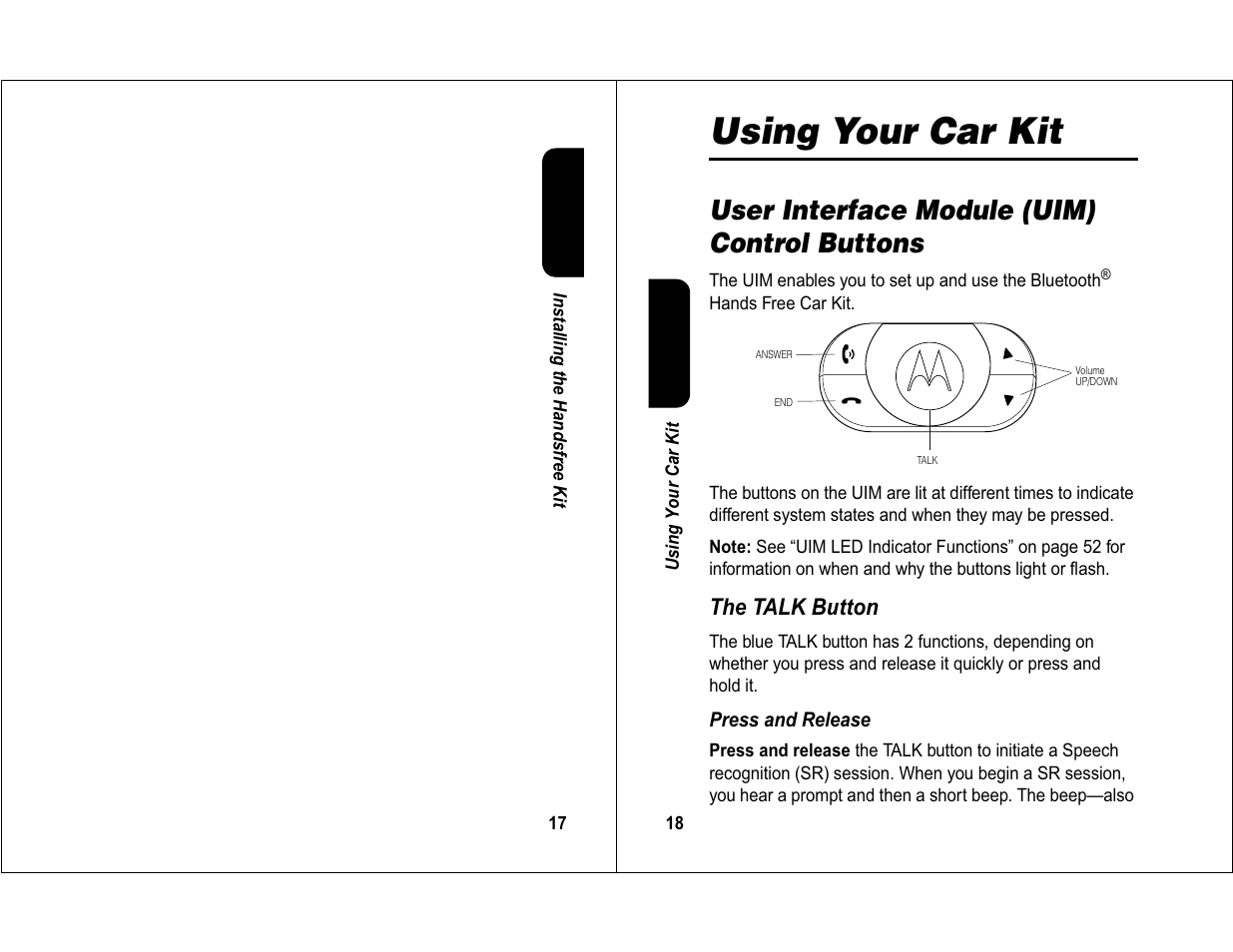 Using your car kit, User interface module (uim) control buttons | Motorola 6840420Z01-AD User Manual | Page 10 / 141