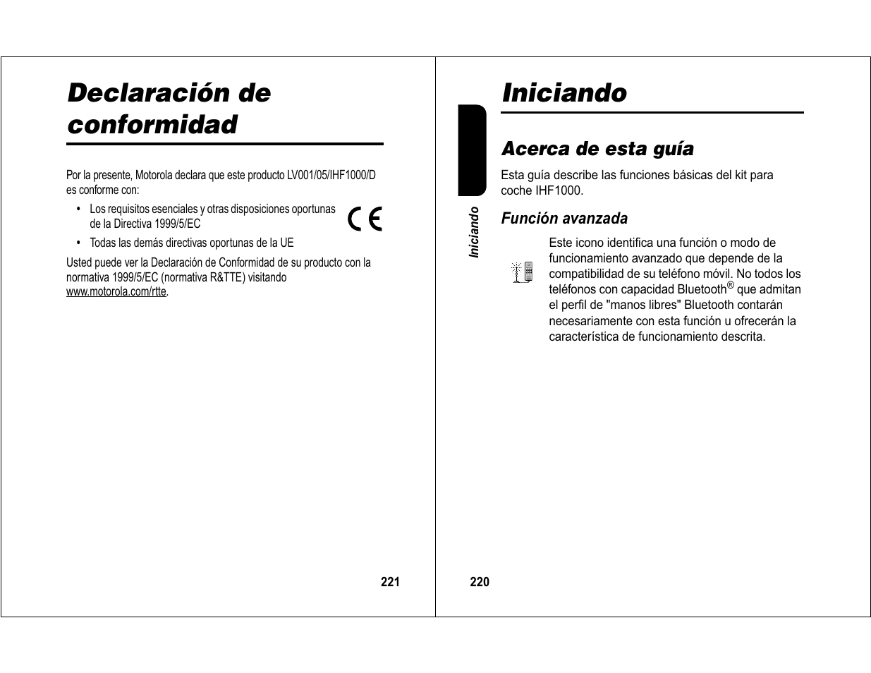 Declaración de conformidad, Iniciando, Acerca de esta guía | Motorola 6840420Z01-AD User Manual | Page 115 / 141