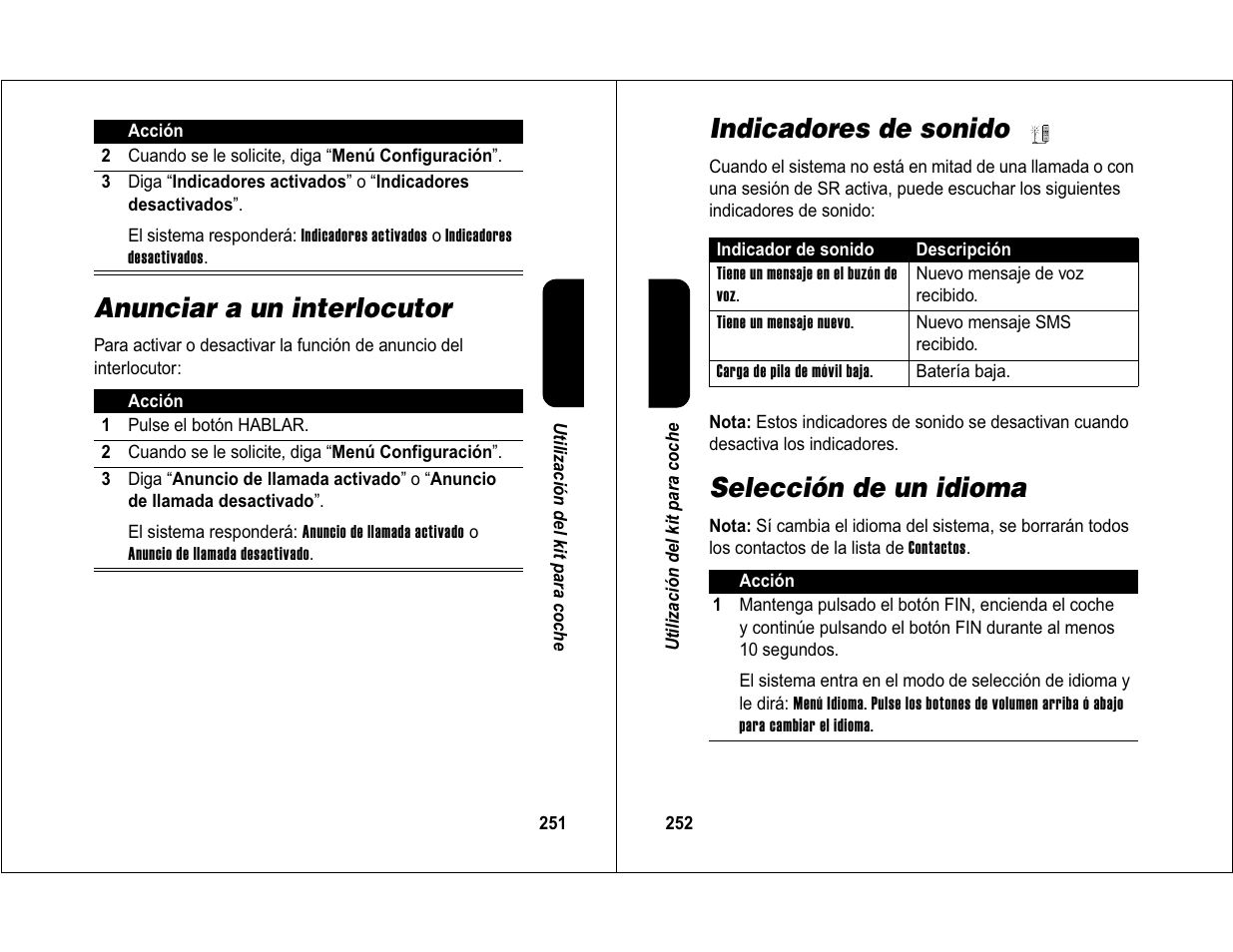 Anunciar a un interlocutor, Indicadores de sonido, Selección de un idioma | Motorola 6840420Z01-AD User Manual | Page 131 / 141