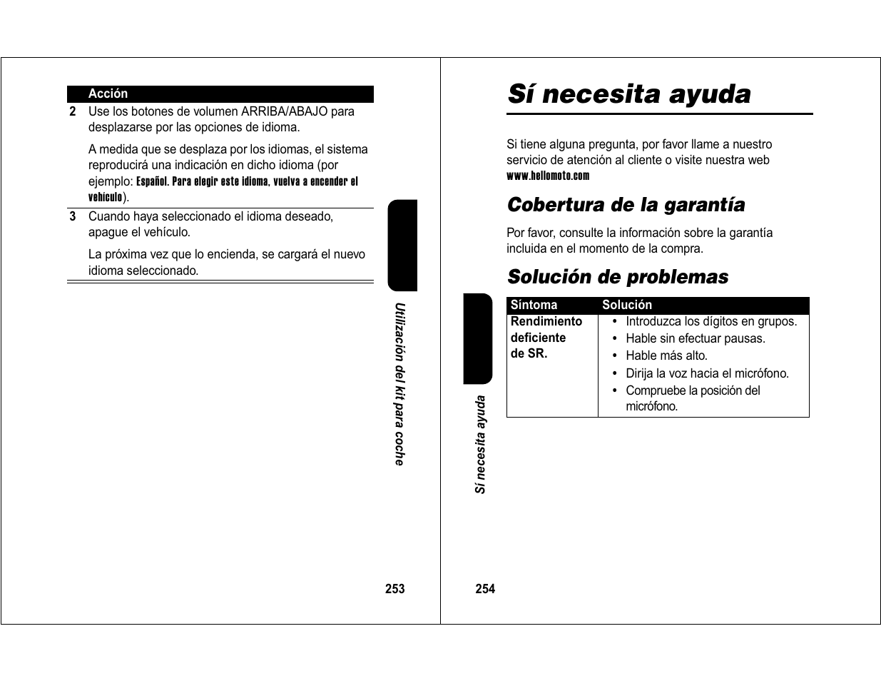 Sí necesita ayuda, Cobertura de la garantía, Solución de problemas | Motorola 6840420Z01-AD User Manual | Page 132 / 141