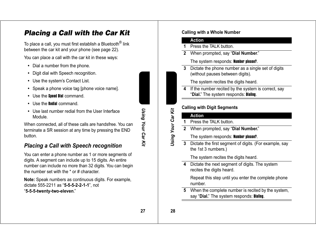 Placing a call with the car kit | Motorola 6840420Z01-AD User Manual | Page 15 / 141